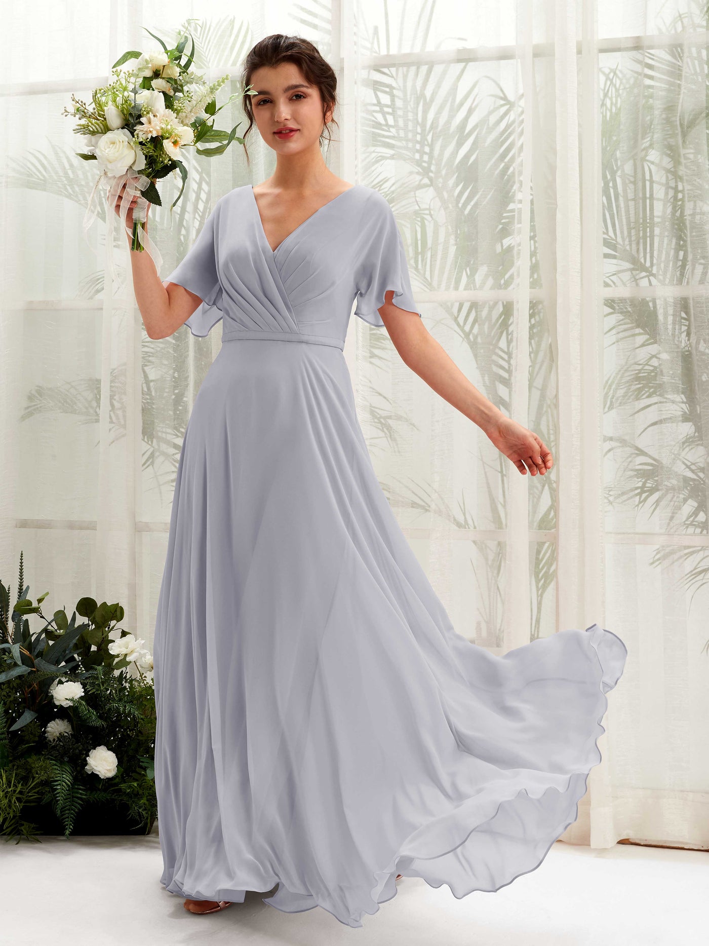 A-line V-neck Short Sleeves Chiffon Bridesmaid Dress - Dusty Lavender (81224603)#color_dusty-lavender