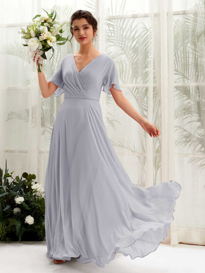 Carlyna Daphne A-Line Dusty Lavender Bridesmaid Dress Maxi Short Sleeve V-Neck Dress Front View #color_dusty-lavender