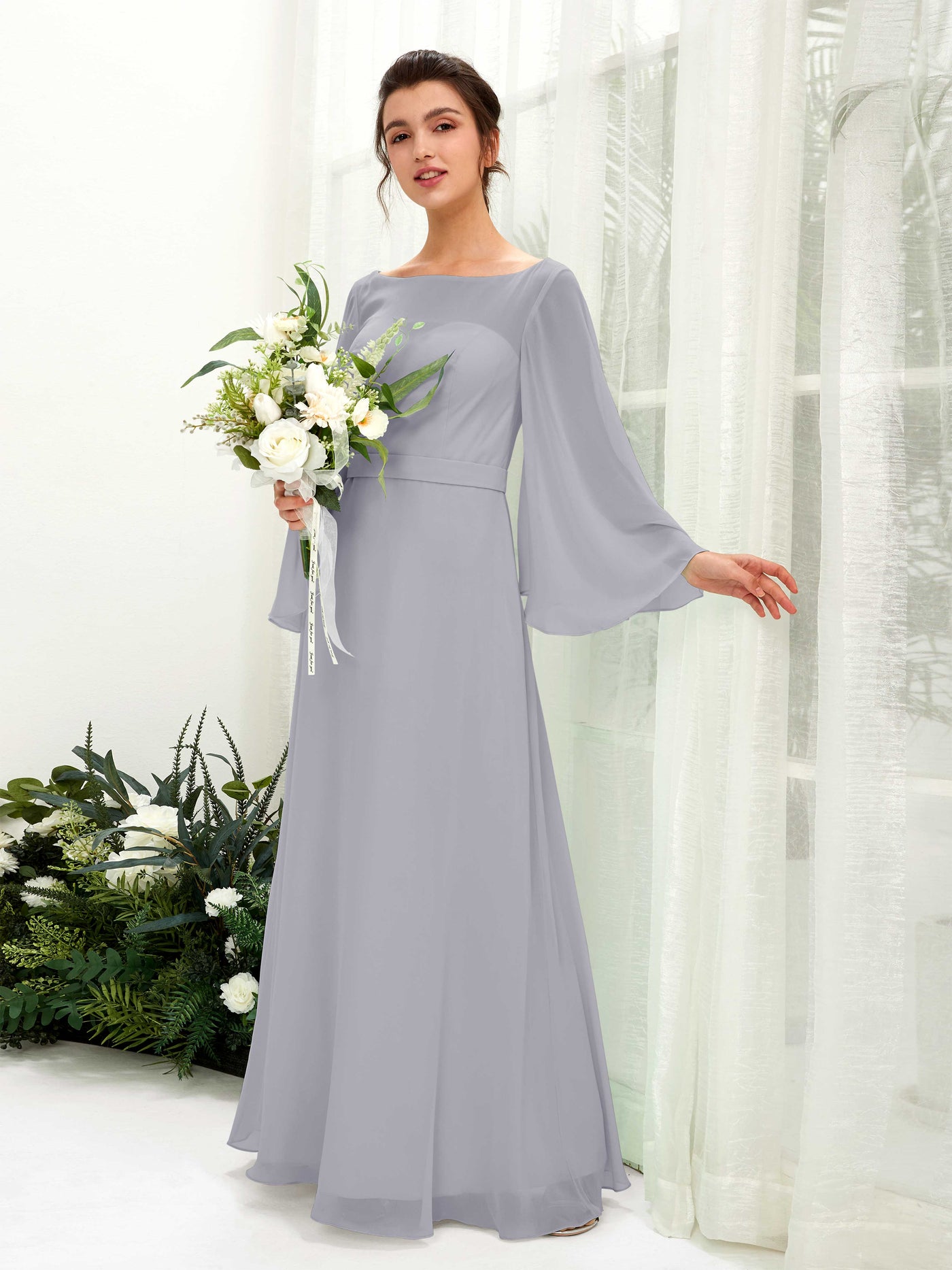 Bateau Illusion Long Sleeves Chiffon Bridesmaid Dress - Dusty Lavender (81220503)#color_dusty-lavender