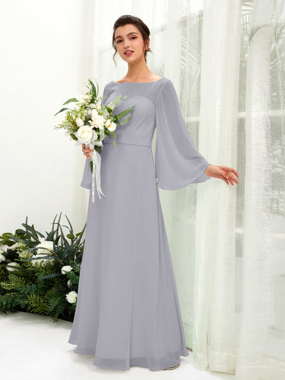 Carlyna Elie A-Line Dusty Lavender Bridesmaid Dress Maxi Long Sleeve Boat Neck Front View #color_dusty-lavender