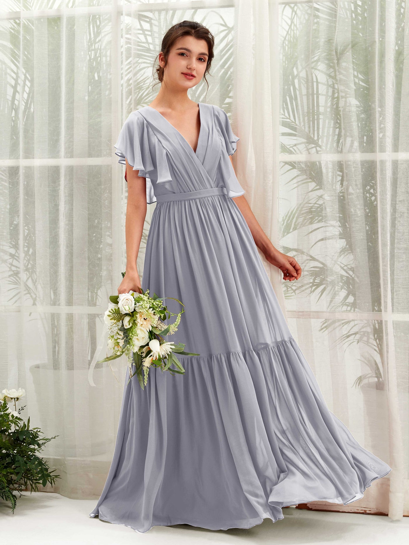 V-neck Cap Sleeves Chiffon Bridesmaid Dress - Dusty Lavender (81225903)#color_dusty-lavender