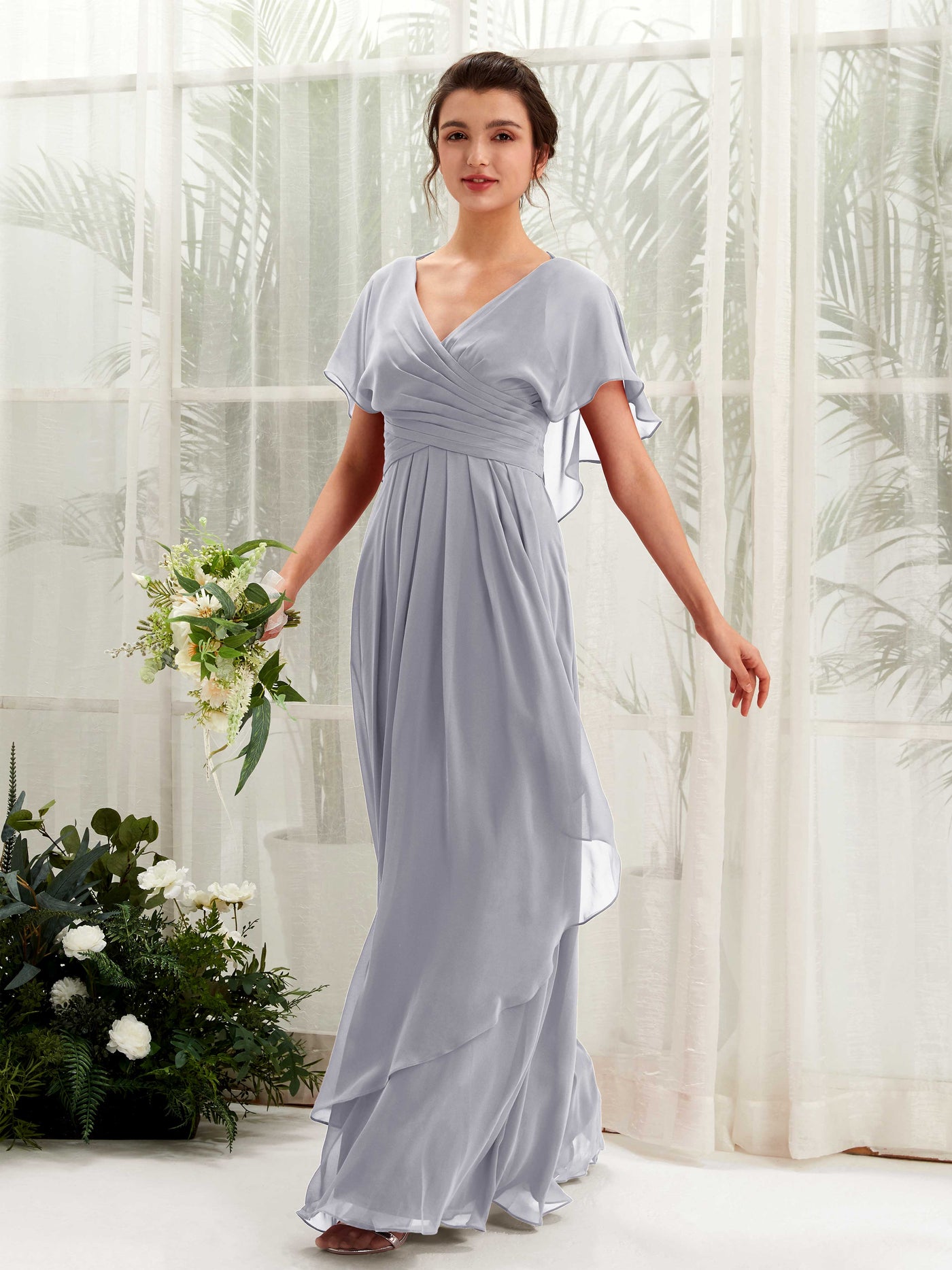 V-neck Short Sleeves Chiffon Bridesmaid Dress - Dusty Lavender (81226103)#color_dusty-lavender