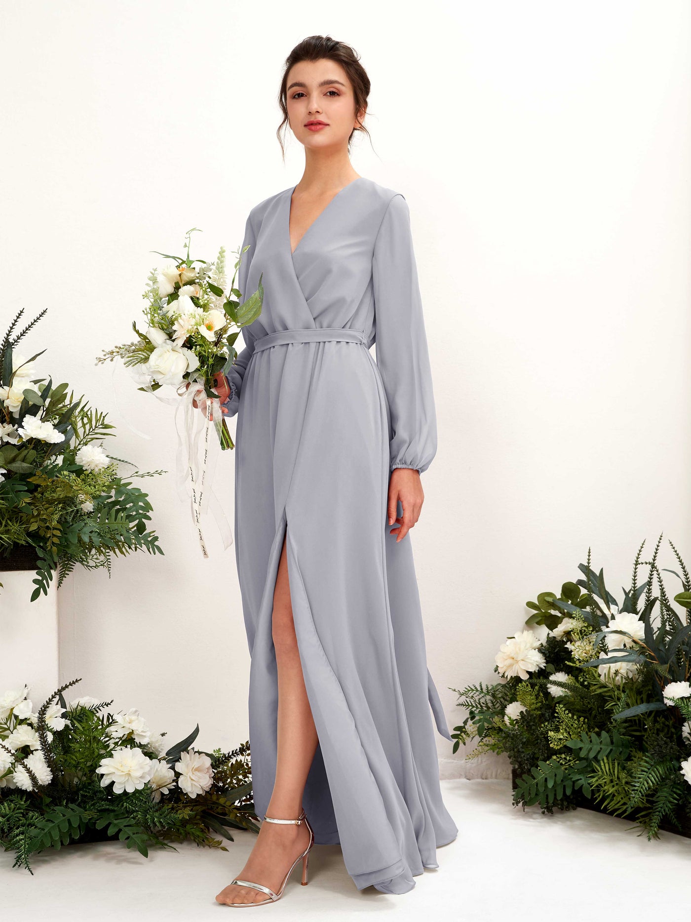 V-neck Long Sleeves Chiffon Bridesmaid Dress - Dusty Lavender (81223203)#color_dusty-lavender