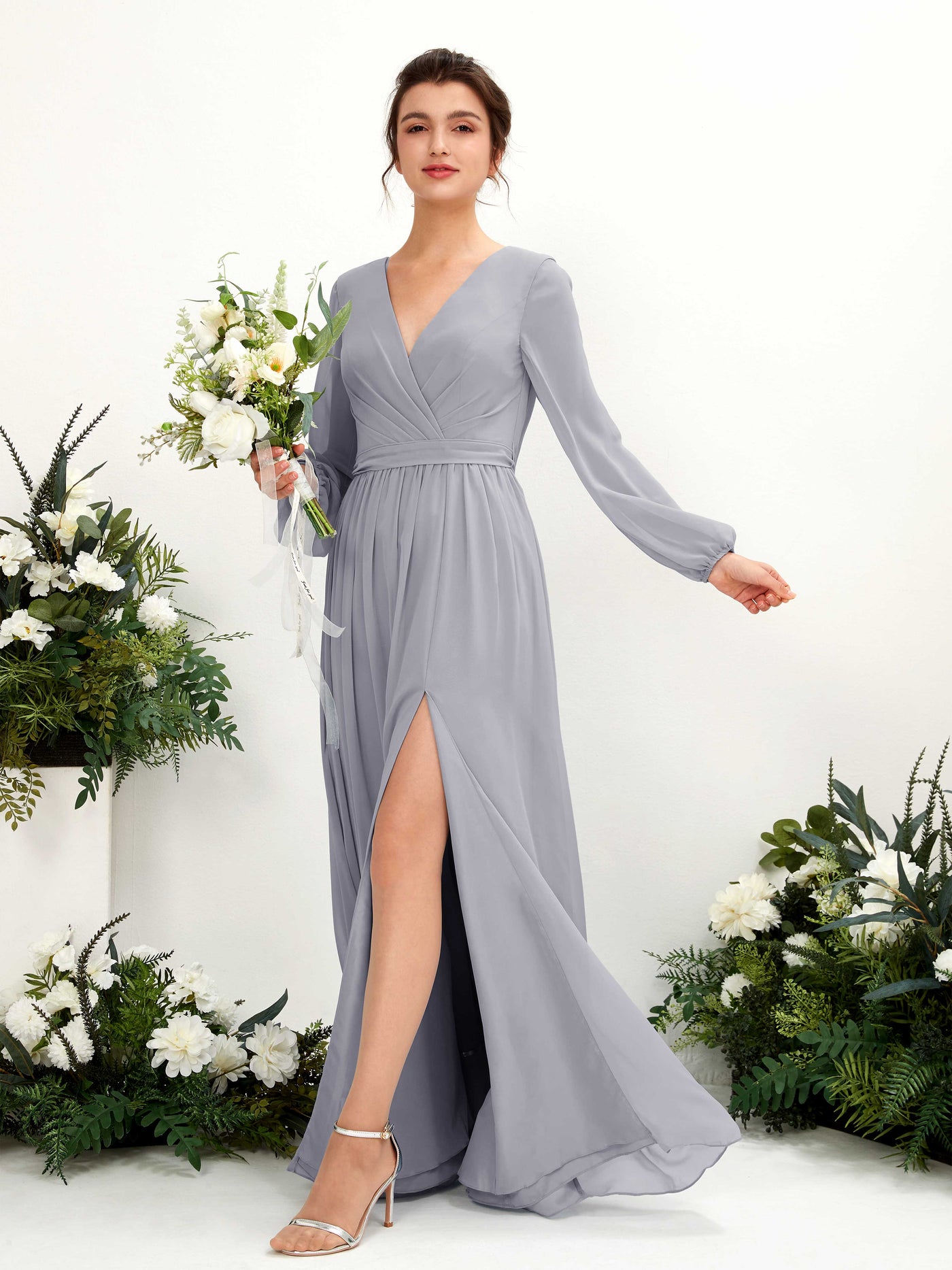 V-neck Long Sleeves Chiffon Bridesmaid Dress - Dusty Lavender (81223803)#color_dusty-lavender