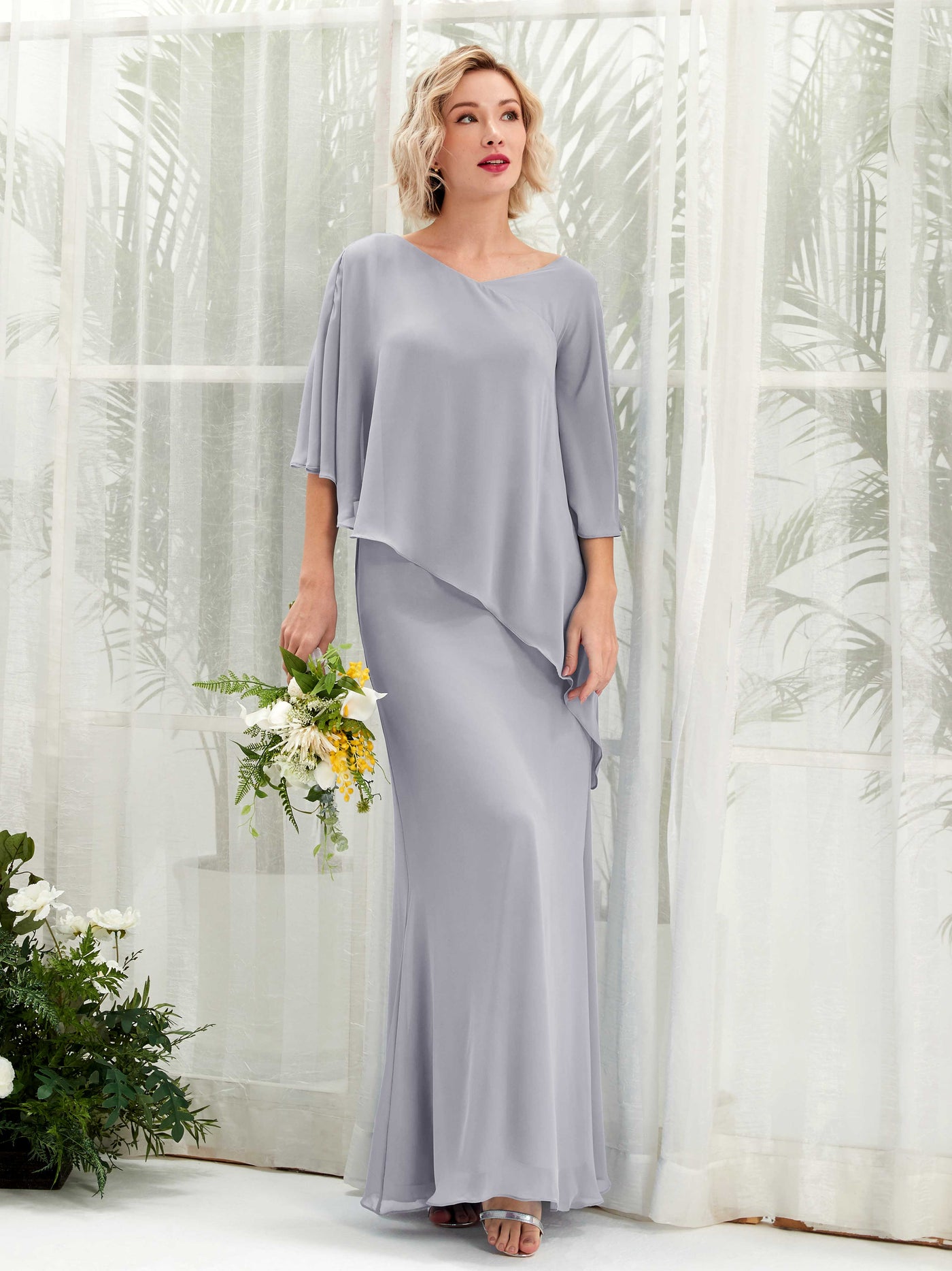 V-neck 3/4 Sleeves Chiffon Bridesmaid Dress - Dusty Lavender (81222503)#color_dusty-lavender