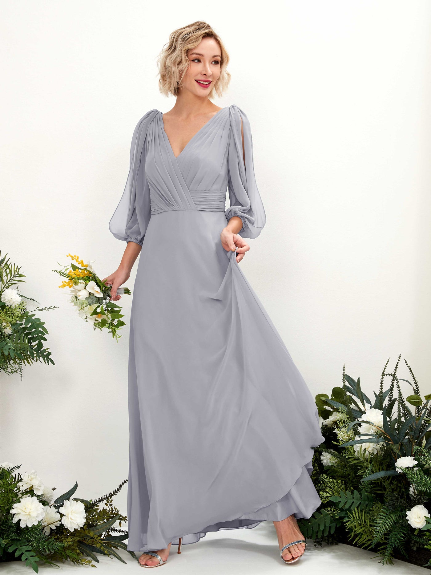 V-neck 3/4 Sleeves Chiffon Bridesmaid Dress - Dusty Lavender (81223503)#color_dusty-lavender