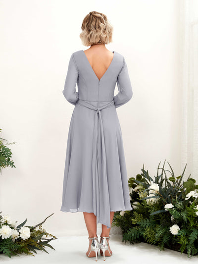 Carlyna Joanna A-Line Dusty Lavender Bridesmaid Dress Midi Long Sleeve V-Neck  #color_dusty-lavender