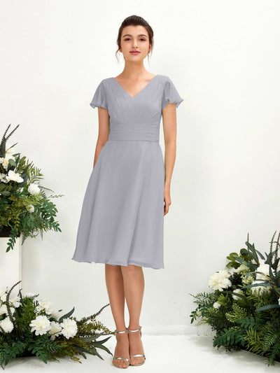 Carlyna Betty A-Line Dusty Lavender Bridesmaid Dress Knee-Length Short Sleeve V-Neck Dress Front View #color_dusty-lavender