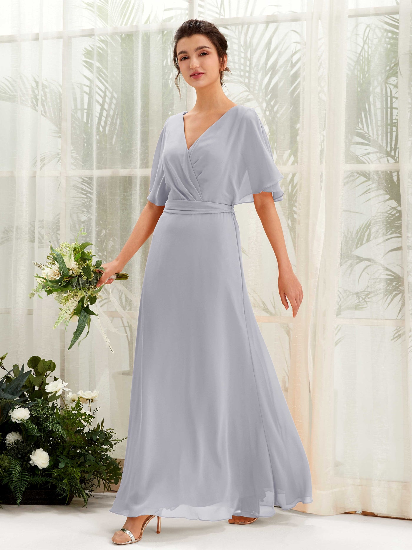 V-neck Short Sleeves Chiffon Bridesmaid Dress - Dusty Lavender (81222403)#color_dusty-lavender
