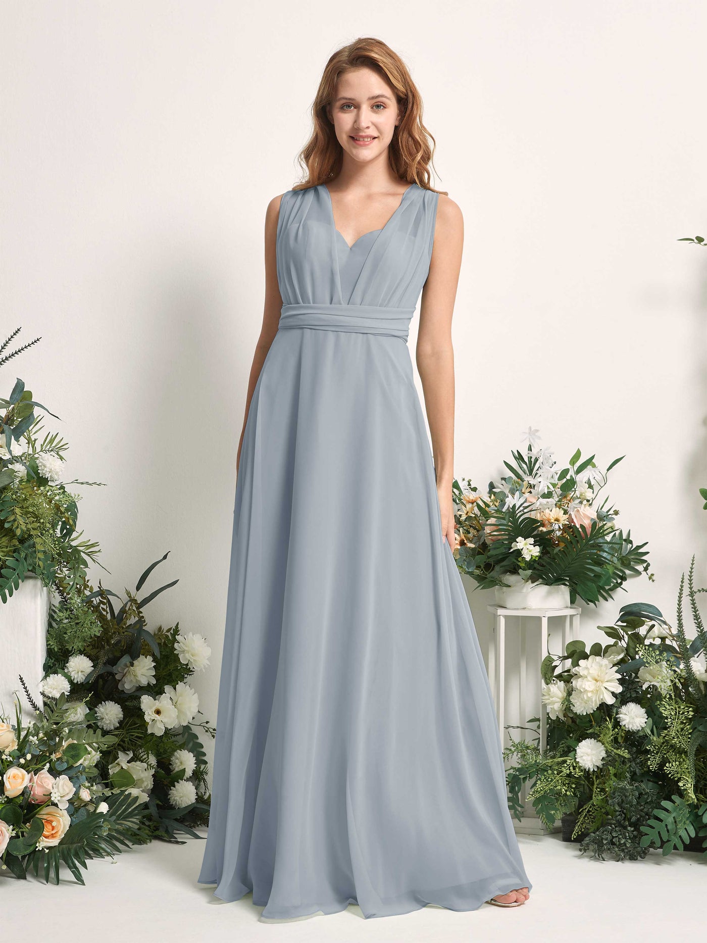 Bridesmaid Dress A-line Chiffon Halter Full Length Short Sleeves Wedding Party Dress - Dusty Blue-Upgrade (81226304)#color_dusty-blue-upgrade