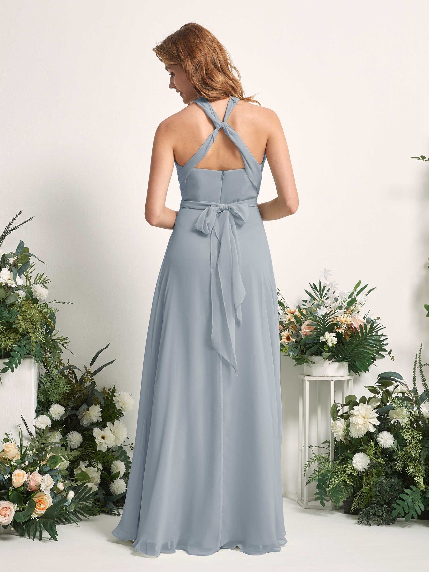 Bridesmaid Dress A-line Chiffon Halter Full Length Short Sleeves Wedding Party Dress - Dusty Blue-Upgrade (81226304)#color_dusty-blue-upgrade