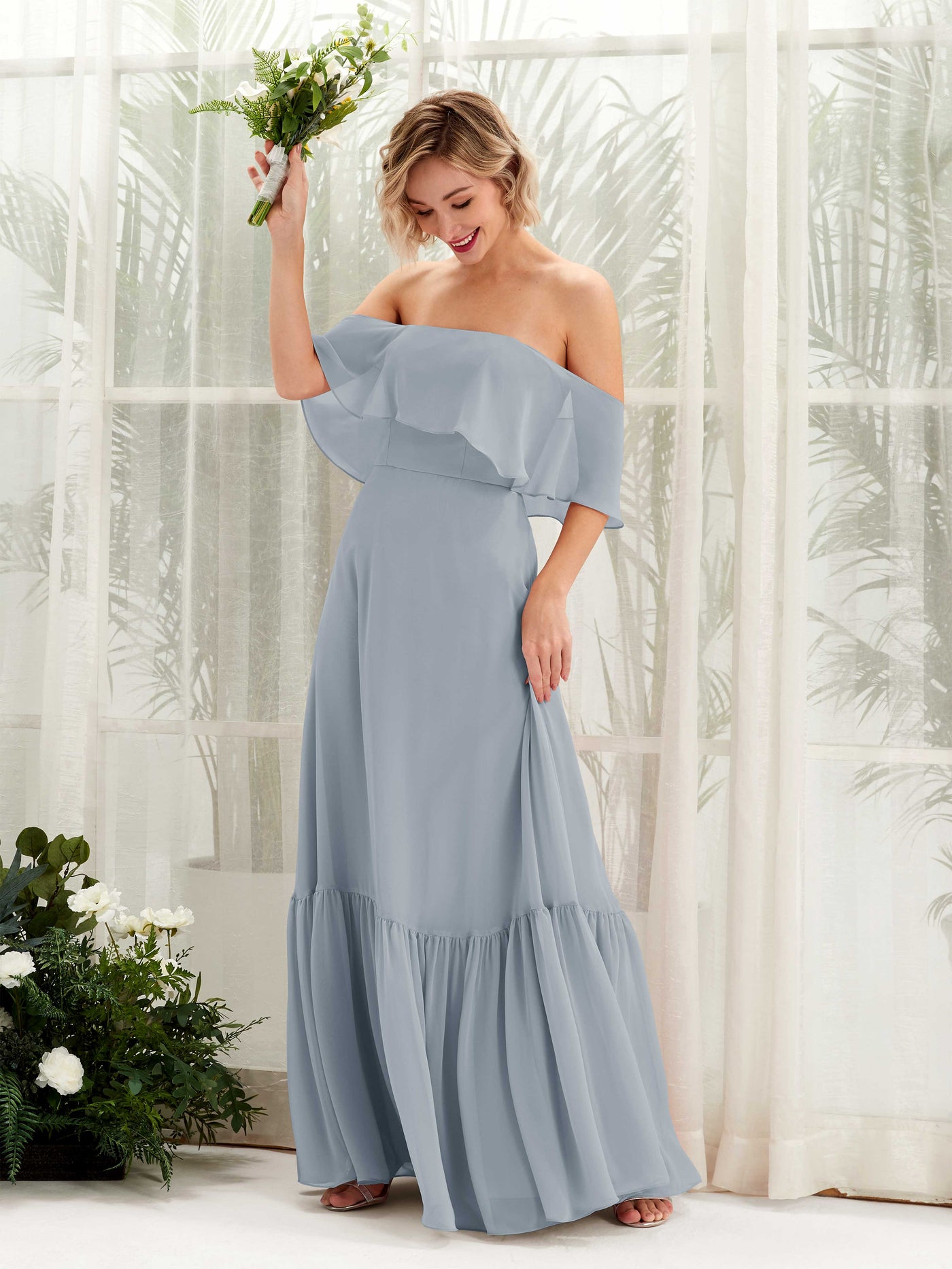 A-line Off Shoulder Chiffon Bridesmaid Dress - Dusty Blue-Upgrade (81224504)#color_dusty-blue-upgrade