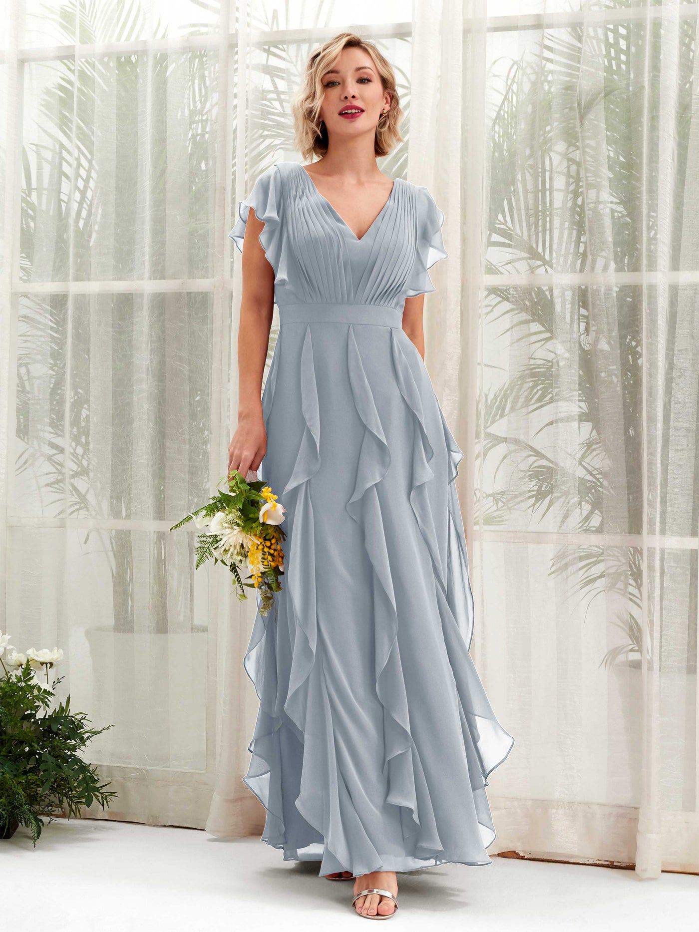 A-line V-neck Short Sleeves Chiffon Bridesmaid Dress - Dusty Blue-Upgrade (81226004)#color_dusty-blue-upgrade