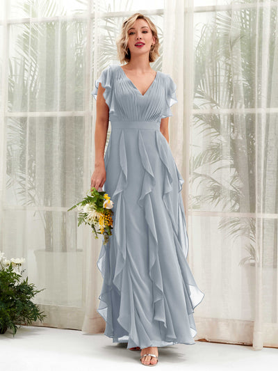 Carlyna Cynthia A-Line Dusty Blue-Upgrade Bridesmaid Dress Maxi Cap Sleeve V-Neck Dress Front View #color_dusty-blue-upgrade