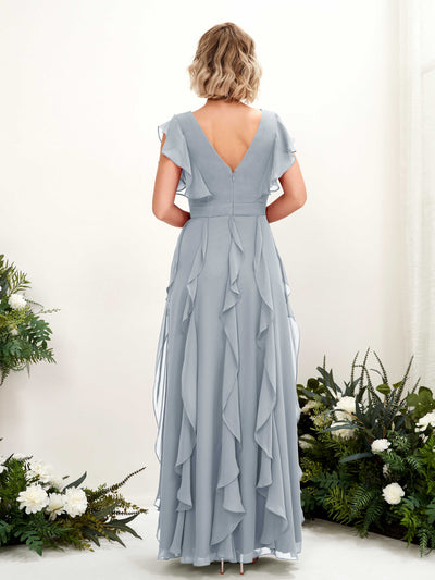 Carlyna Cynthia A-Line Dusty Blue-Upgrade Bridesmaid Dress Maxi Cap Sleeve V-Neck Dress Back View #color_dusty-blue-upgrade