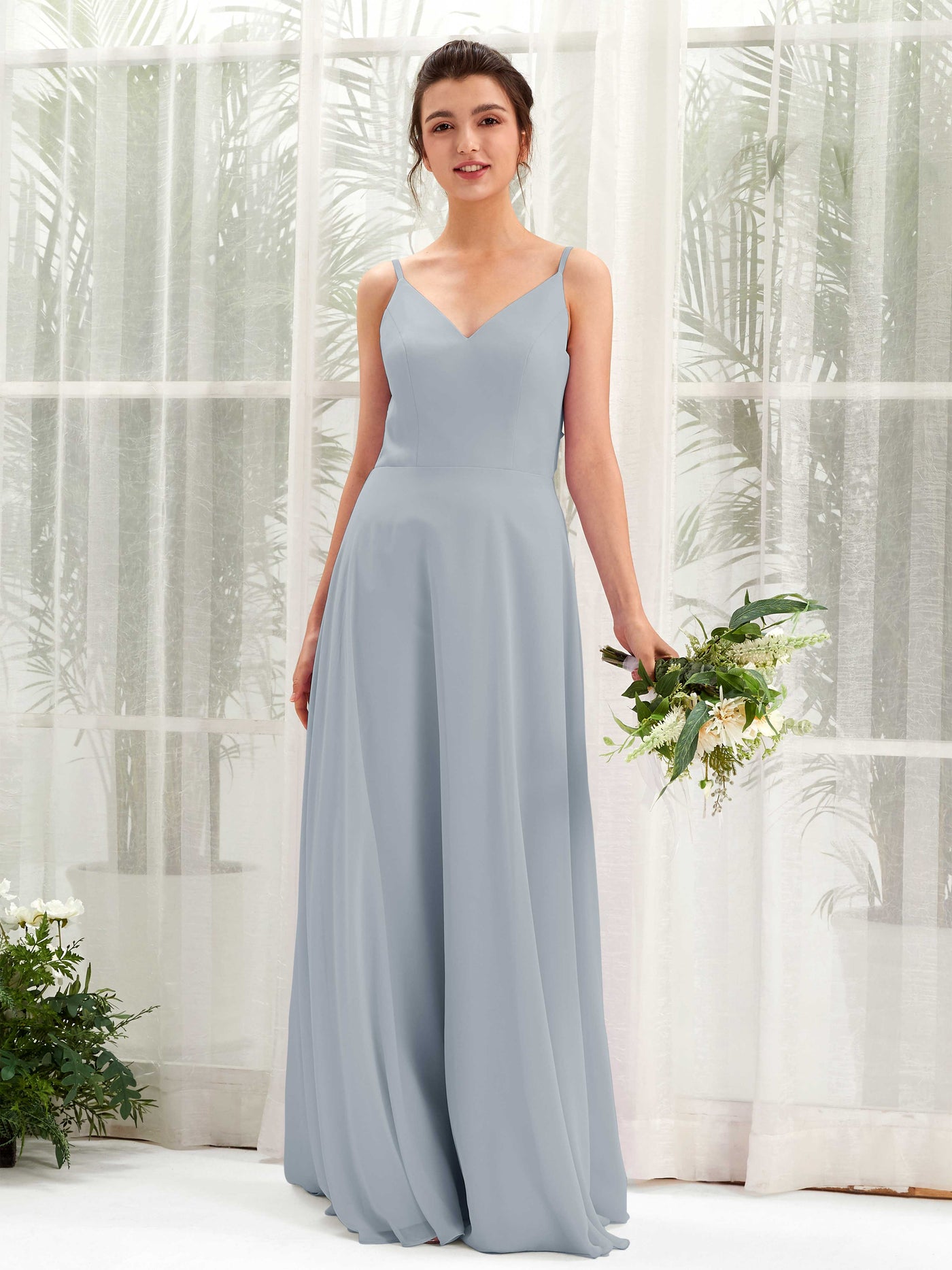 A-line Spaghetti-straps V-neck Sleeveless Chiffon Bridesmaid Dress - Dusty Blue-Upgrade (81220604)#color_dusty-blue-upgrade