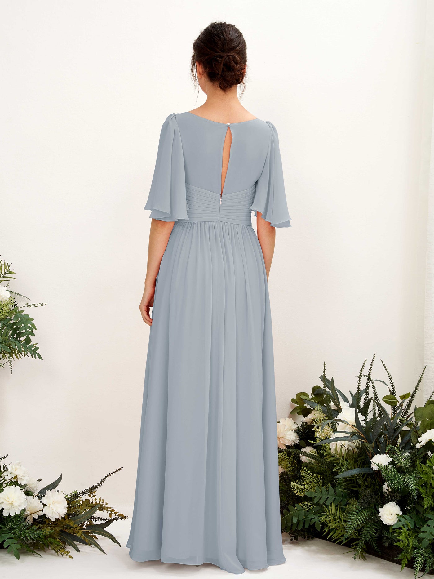 A-line V-neck 1/2 Sleeves Chiffon Bridesmaid Dress - Dusty Blue-Upgrade (81221604)#color_dusty-blue-upgrade