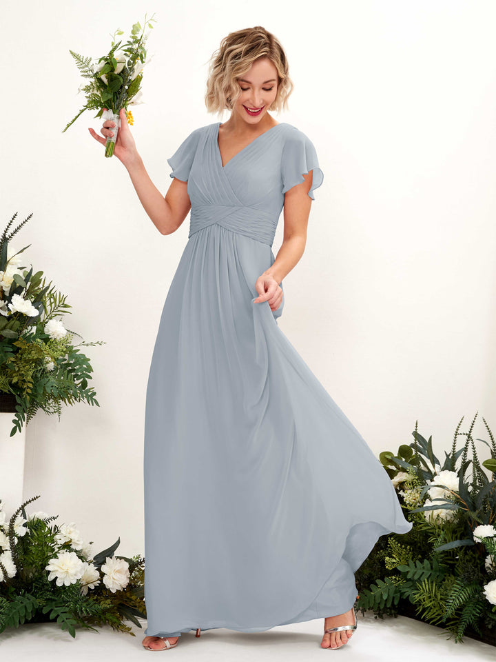 A-line V-neck Cap Sleeves Chiffon Bridesmaid Dress - Dusty Blue-Upgrade (81224304)