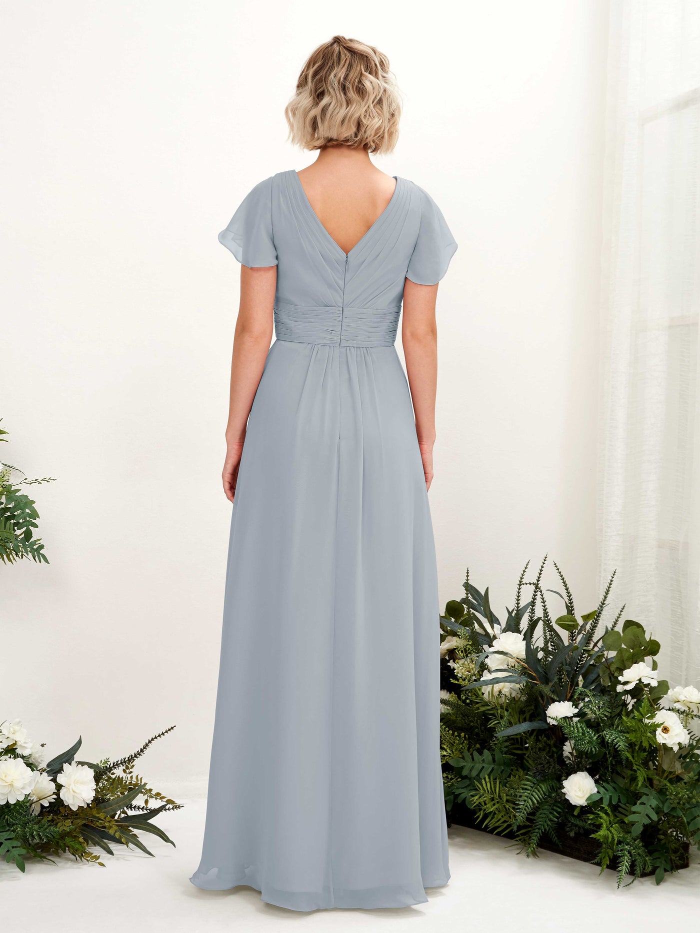 A-line V-neck Cap Sleeves Chiffon Bridesmaid Dress - Dusty Blue-Upgrade (81224304)#color_dusty-blue-upgrade
