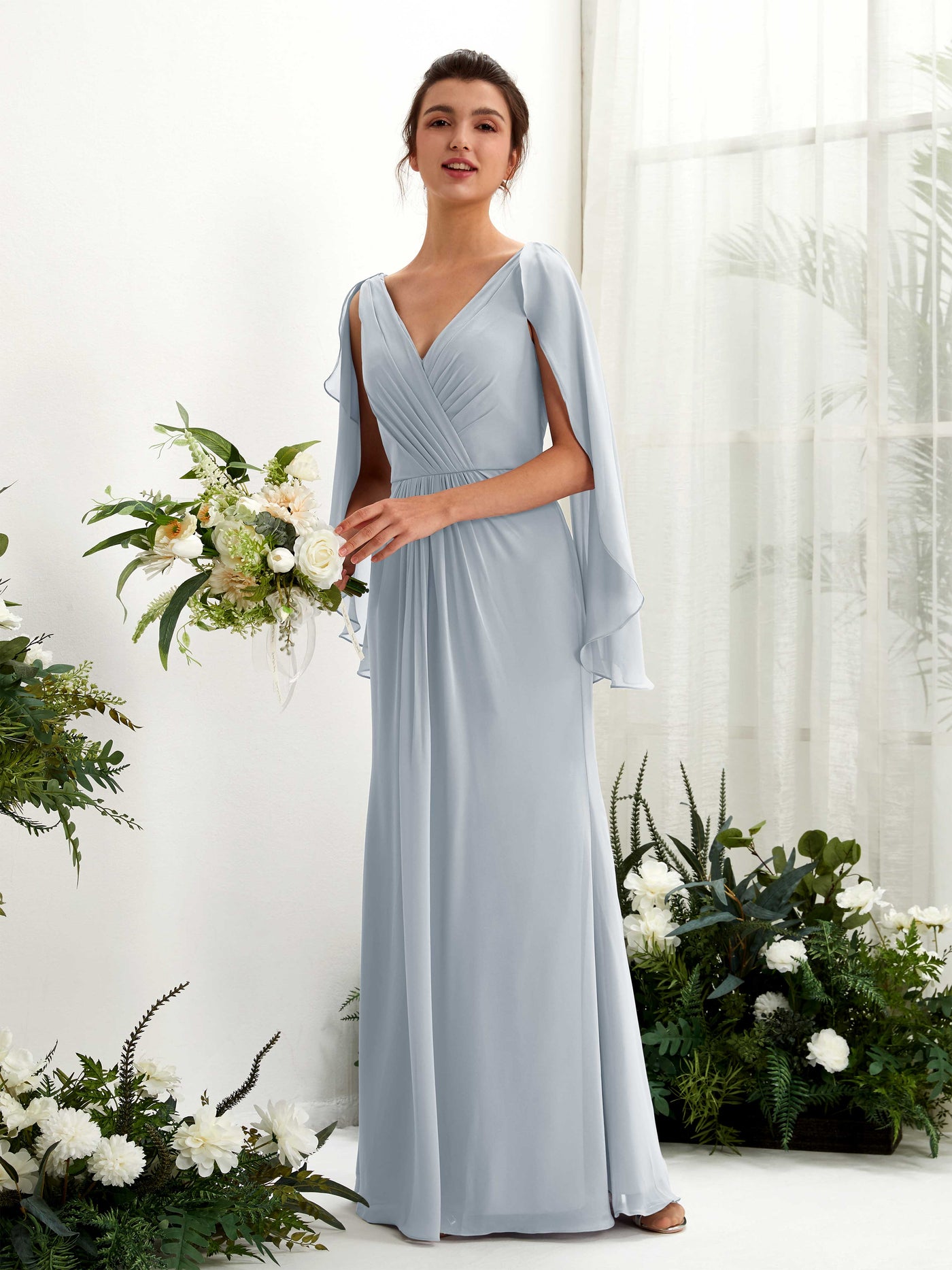A-line V-neck Chiffon Bridesmaid Dress - Dusty Blue-Upgrade (80220104)#color_dusty-blue-upgrade