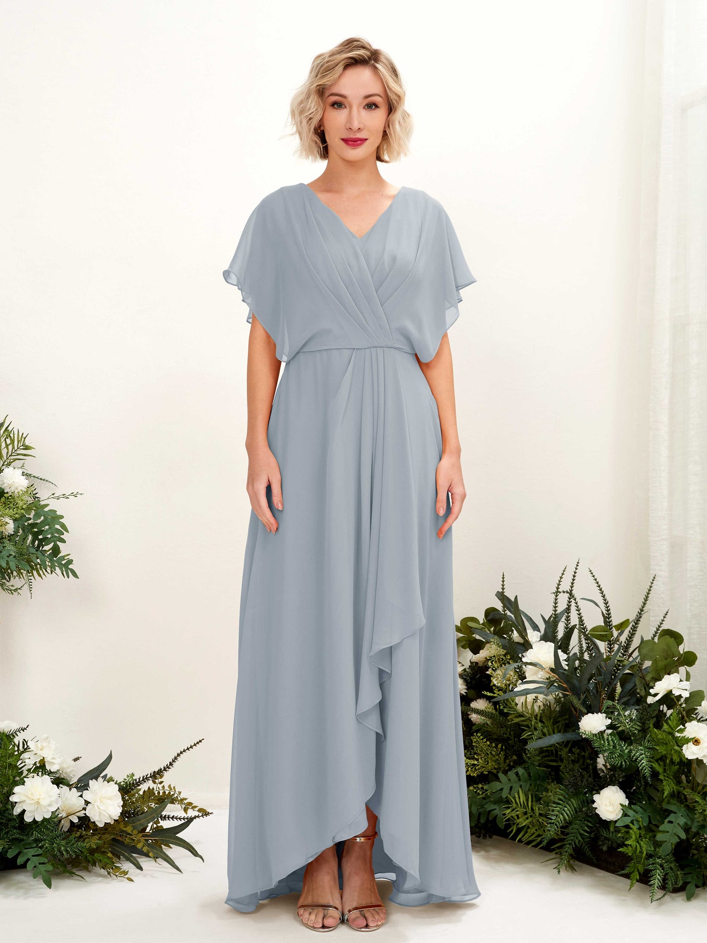 A-line V-neck Short Sleeves Chiffon Bridesmaid Dress - Dusty Blue-Upgrade (81222104)#color_dusty-blue-upgrade