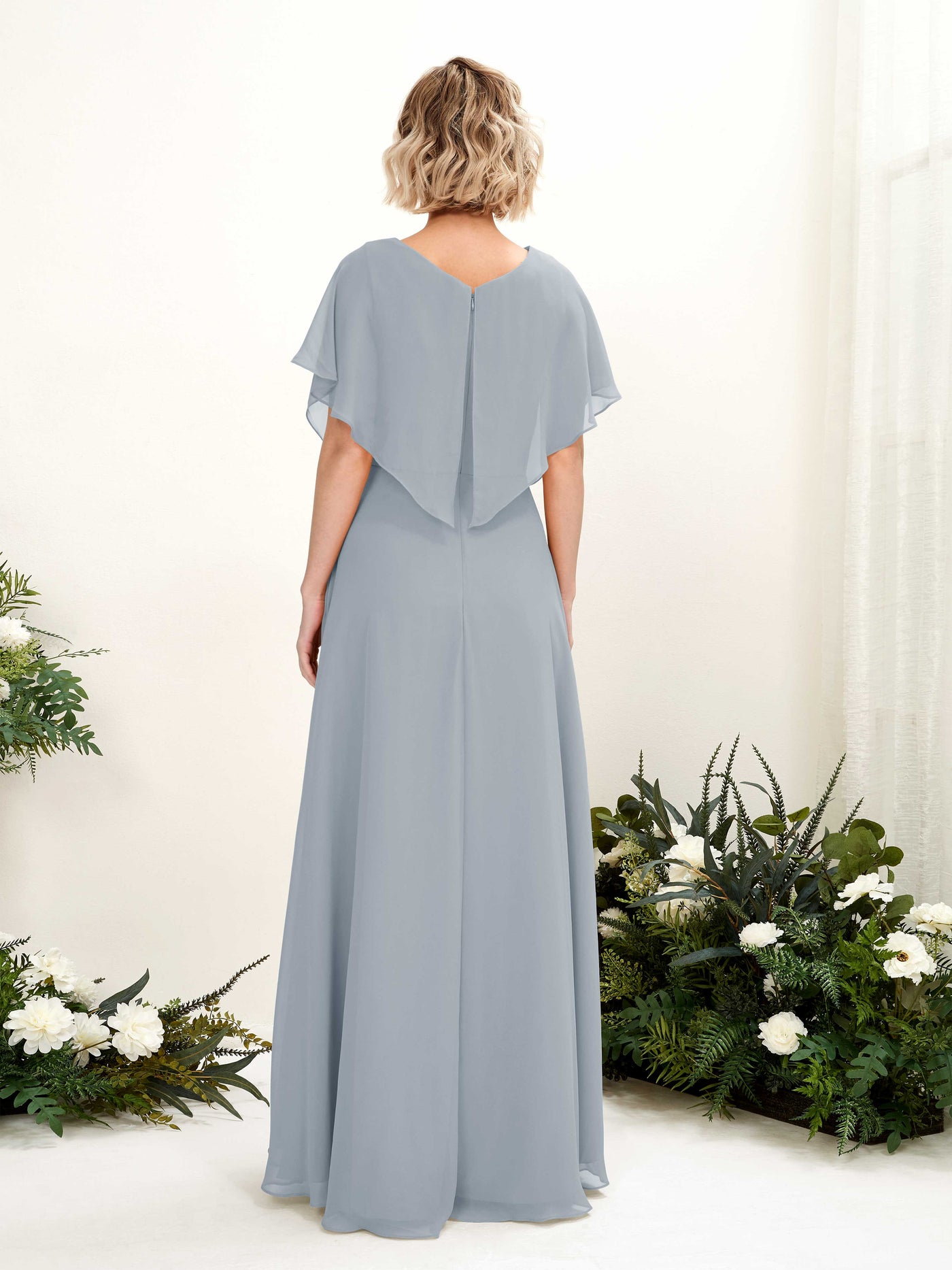 A-line V-neck Short Sleeves Chiffon Bridesmaid Dress - Dusty Blue-Upgrade (81222104)#color_dusty-blue-upgrade