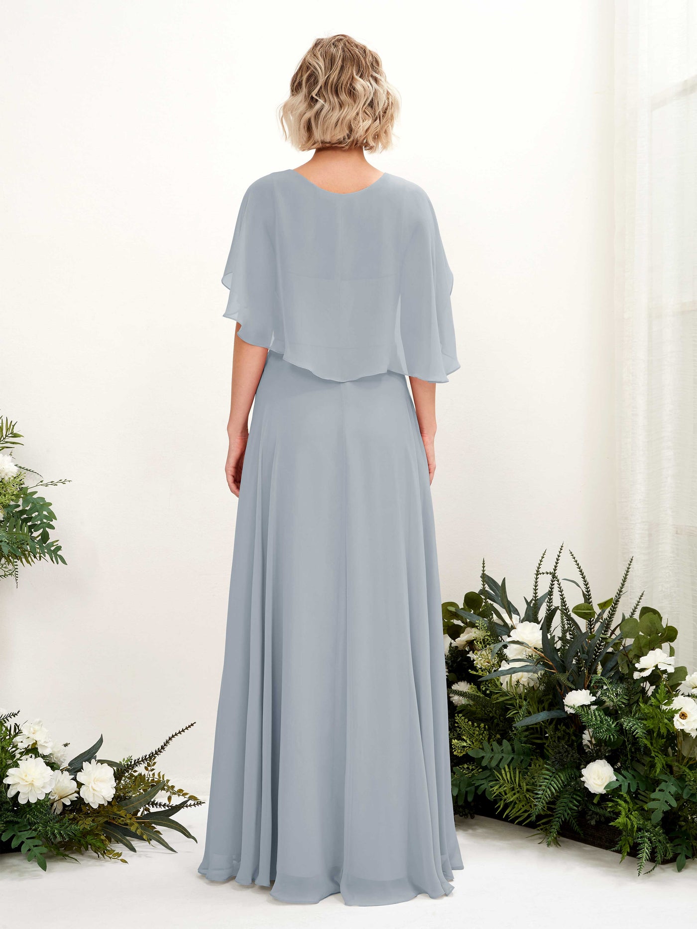 A-line V-neck Short Sleeves Chiffon Bridesmaid Dress - Dusty Blue-Upgrade (81224404)#color_dusty-blue-upgrade