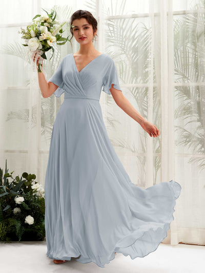 Carlyna Daphne A-Line Dusty Blue-Upgrade Bridesmaid Dress Maxi Short Sleeve V-Neck Dress Front View #color_dusty-blue-upgrade
