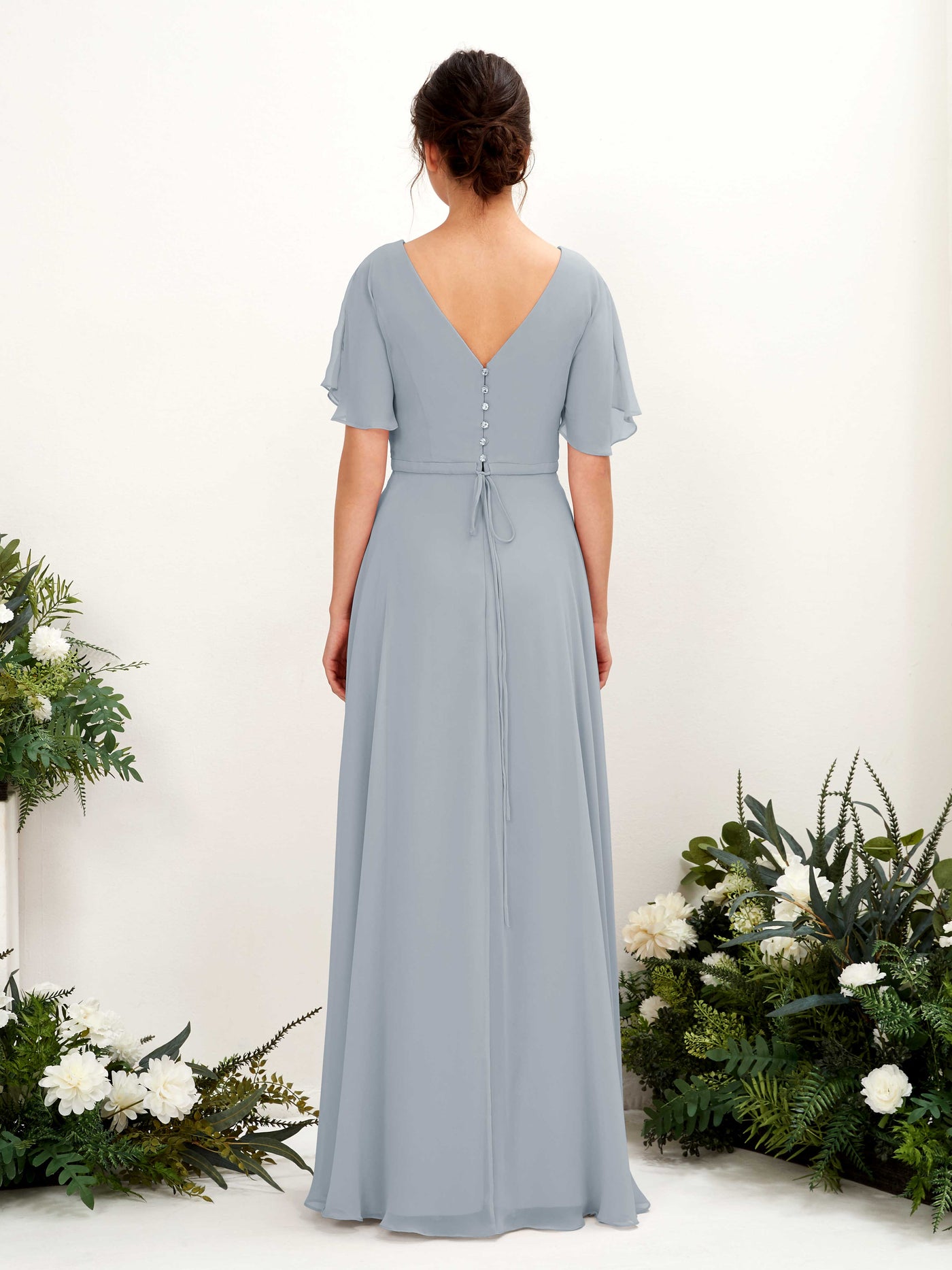 A-line V-neck Short Sleeves Chiffon Bridesmaid Dress - Dusty Blue-Upgrade (81224604)#color_dusty-blue-upgrade