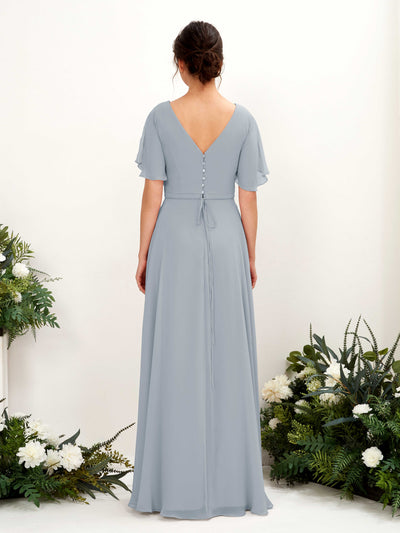 Carlyna Daphne A-Line Dusty Blue-Upgrade Bridesmaid Dress Maxi Short Sleeve V-Neck Dress Back View #color_dusty-blue-upgrade