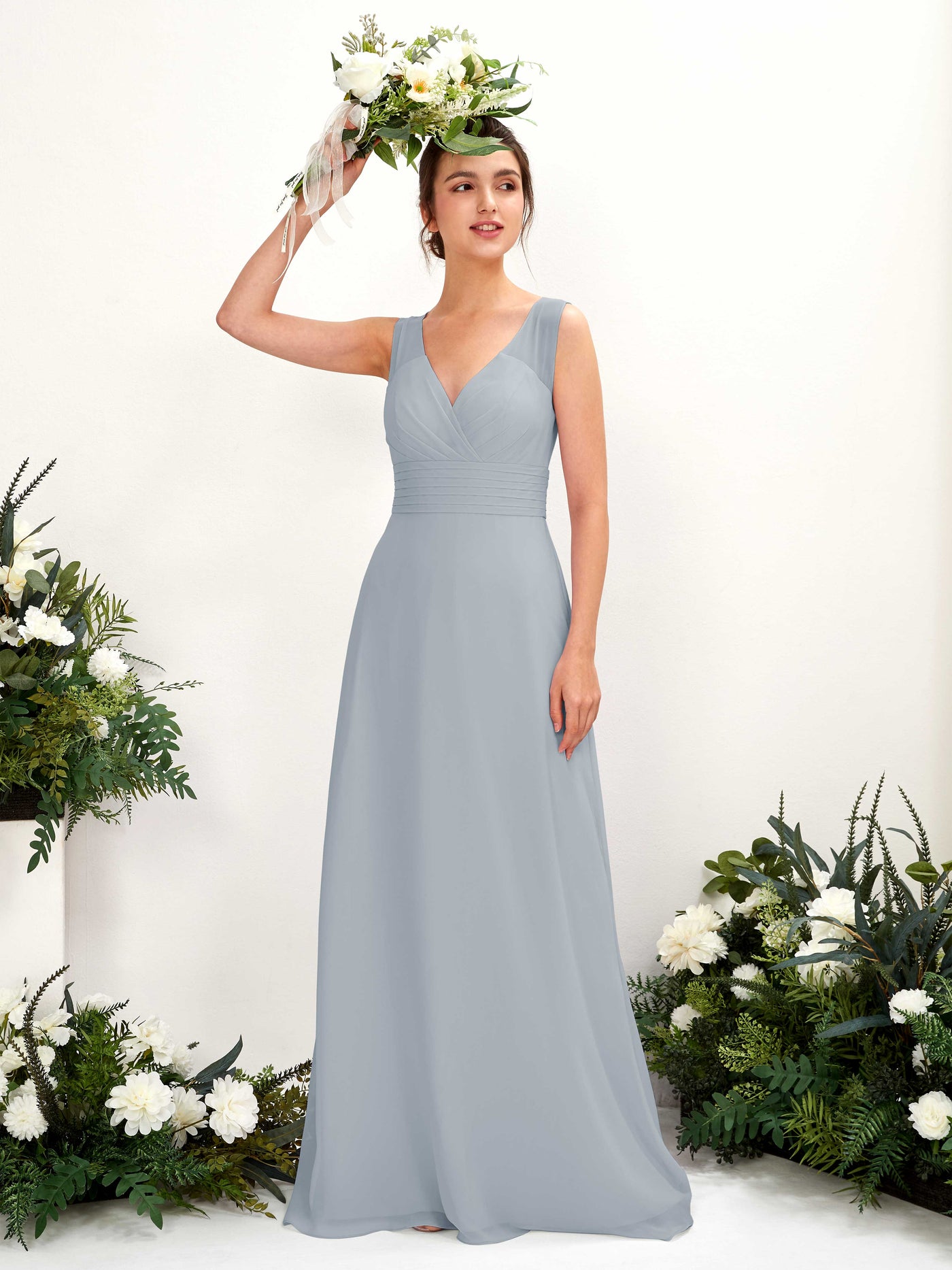 A-line V-neck Sleeveless Chiffon Bridesmaid Dress - Dusty Blue-Upgrade (81220904)#color_dusty-blue-upgrade