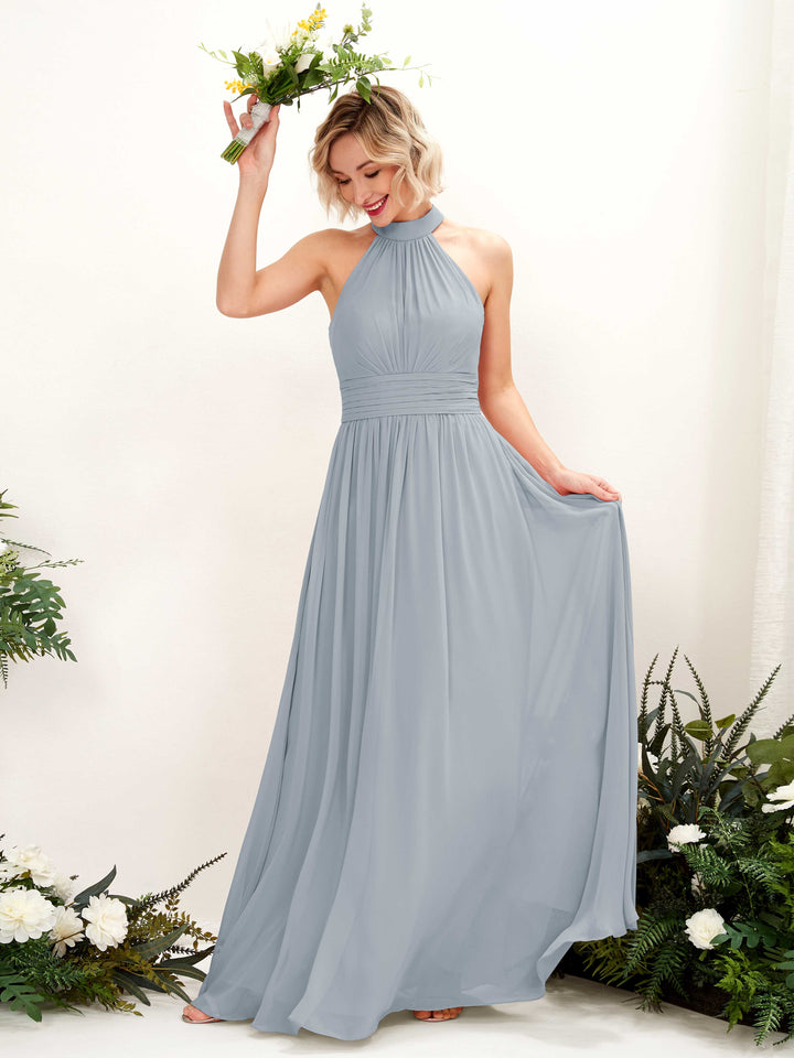 Ball Gown Halter Sleeveless Chiffon Bridesmaid Dress - Dusty Blue-Upgrade (81225304)