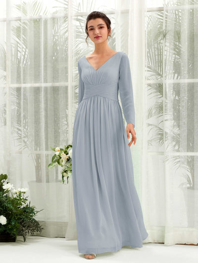 Carlyna Coline A-Line Dusty Blue-Upgrade Bridesmaid Dress Maxi Long Sleeve V-Neck Front View #color_dusty-blue-upgrade