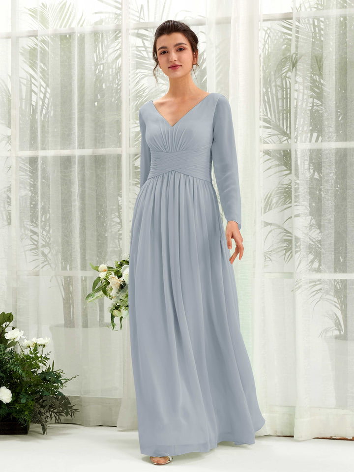 Ball Gown V-neck Long Sleeves Chiffon Bridesmaid Dress - Dusty Blue-Upgrade (81220304)