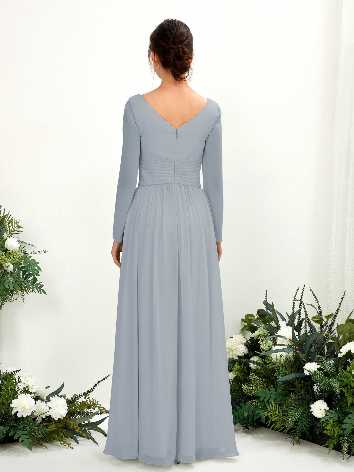 Ball Gown V-neck Long Sleeves Chiffon Bridesmaid Dress - Dusty Blue-Upgrade (81220304)#color_dusty-blue-upgrade