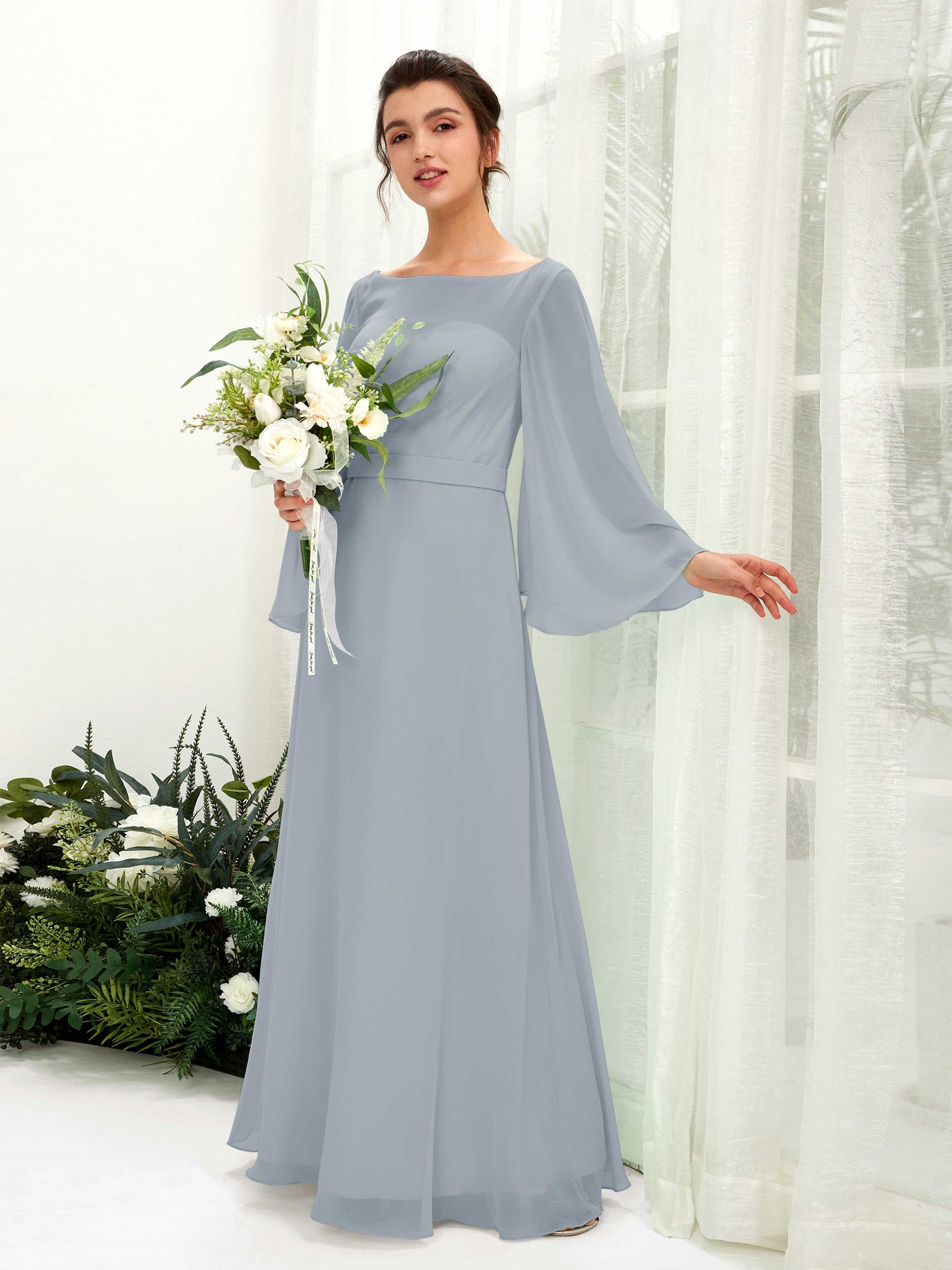 Bateau Illusion Long Sleeves Chiffon Bridesmaid Dress - Dusty Blue-Upgrade (81220504)#color_dusty-blue-upgrade