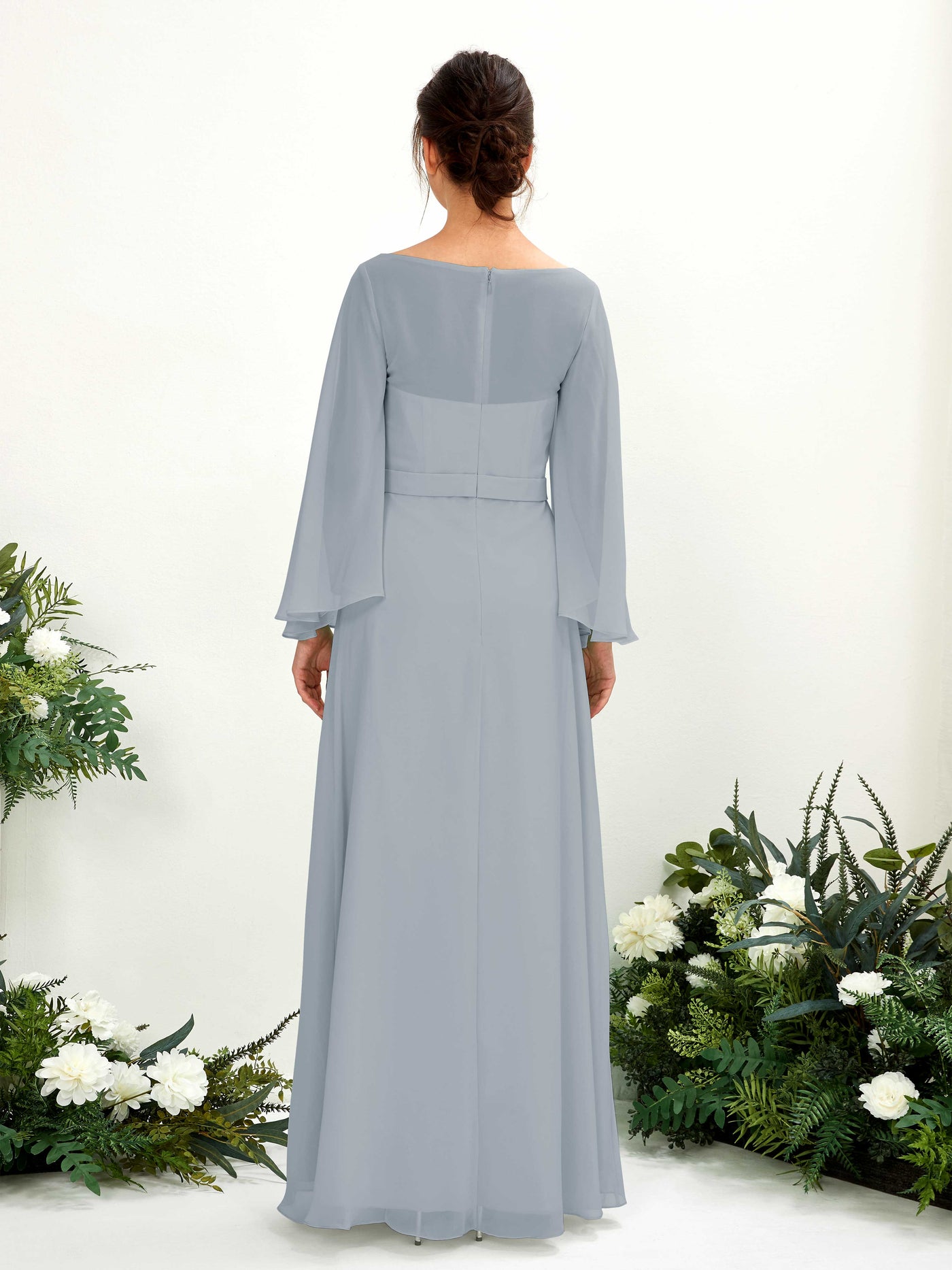 Bateau Illusion Long Sleeves Chiffon Bridesmaid Dress - Dusty Blue-Upgrade (81220504)#color_dusty-blue-upgrade