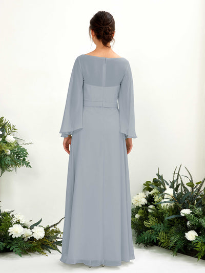 Carlyna Elie A-Line Dusty Blue-Upgrade Bridesmaid Dress Maxi Long Sleeve Boat Neck Back View #color_dusty-blue-upgrade