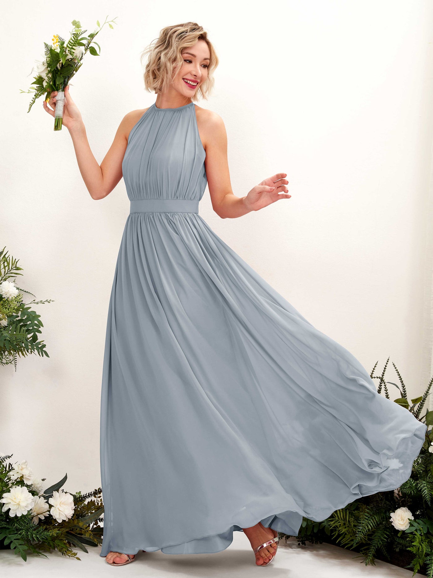 Halter Sleeveless Chiffon Bridesmaid Dress - Dusty Blue-Upgrade (81223104)#color_dusty-blue-upgrade