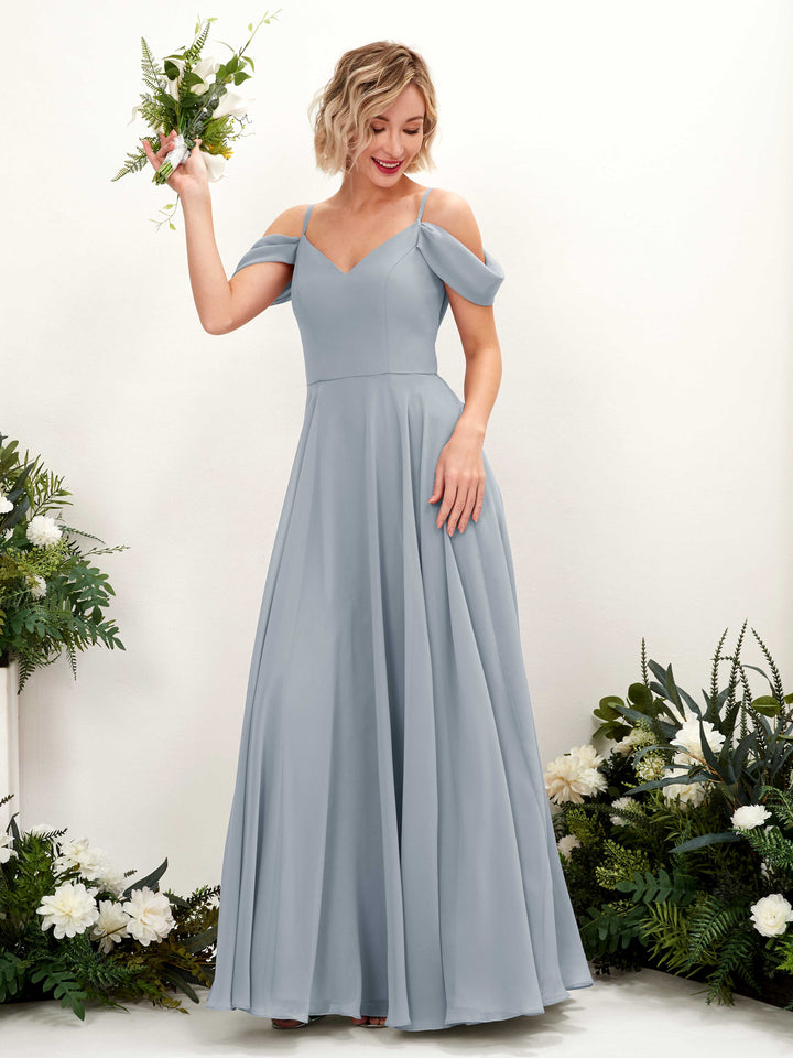 Off Shoulder Straps V-neck Sleeveless Chiffon Bridesmaid Dress - Dusty Blue-Upgrade (81224904)