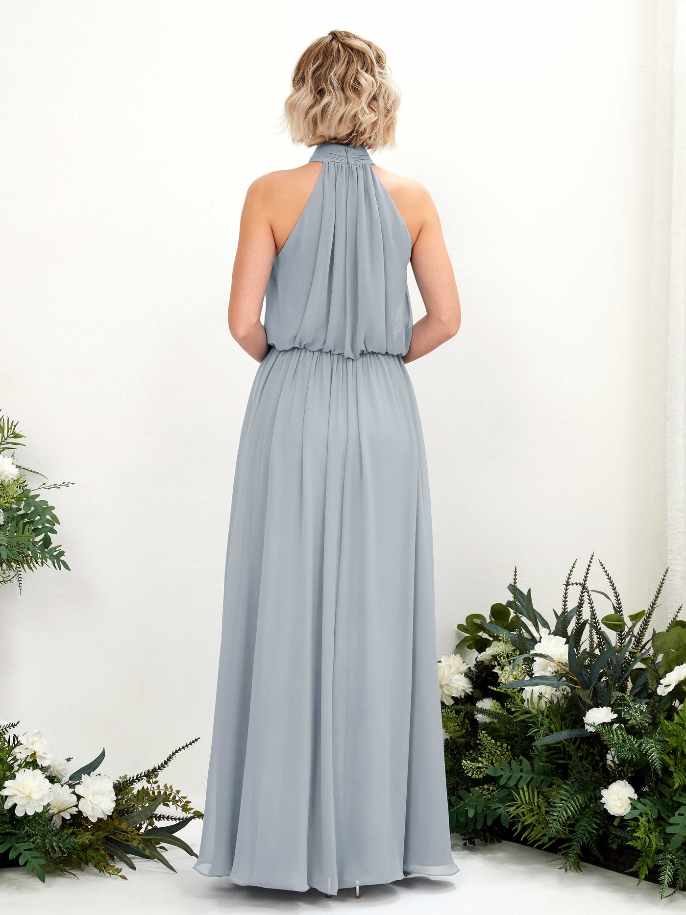 Halter Sleeveless Chiffon Bridesmaid Dress - Dusty Blue-Upgrade (81222904)#color_dusty-blue-upgrade
