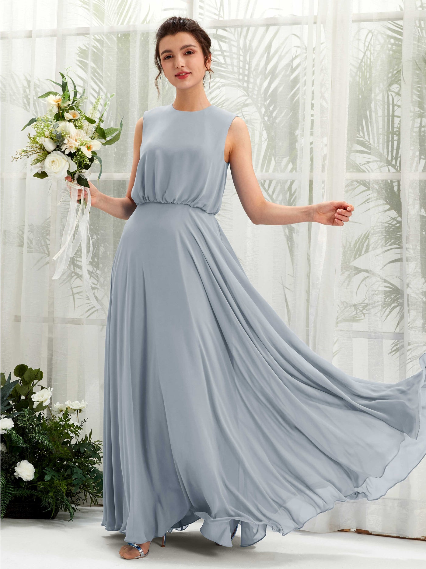 Round Sleeveless Chiffon Bridesmaid Dress - Dusty Blue-Upgrade (81222804)#color_dusty-blue-upgrade