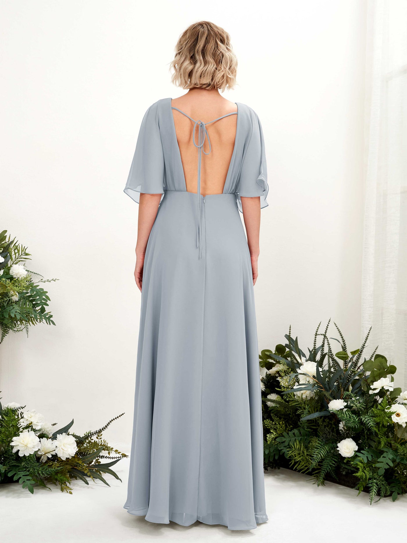 V-neck 1/2 Sleeves Chiffon Bridesmaid Dress - Dusty Blue-Upgrade (81225104)#color_dusty-blue-upgrade
