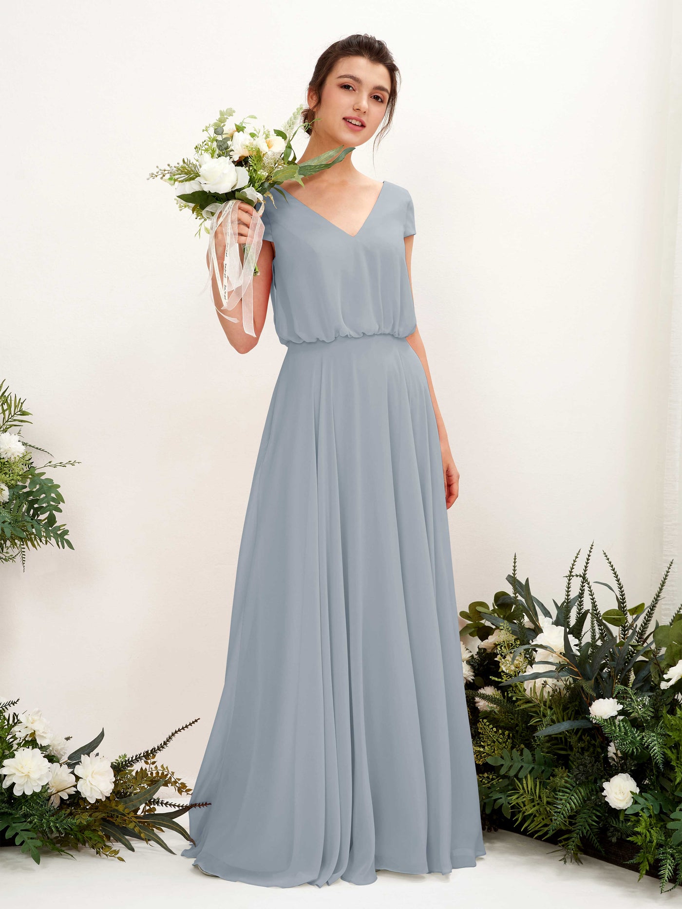 V-neck Cap Sleeves Chiffon Bridesmaid Dress - Dusty Blue-Upgrade (81221804)#color_dusty-blue-upgrade