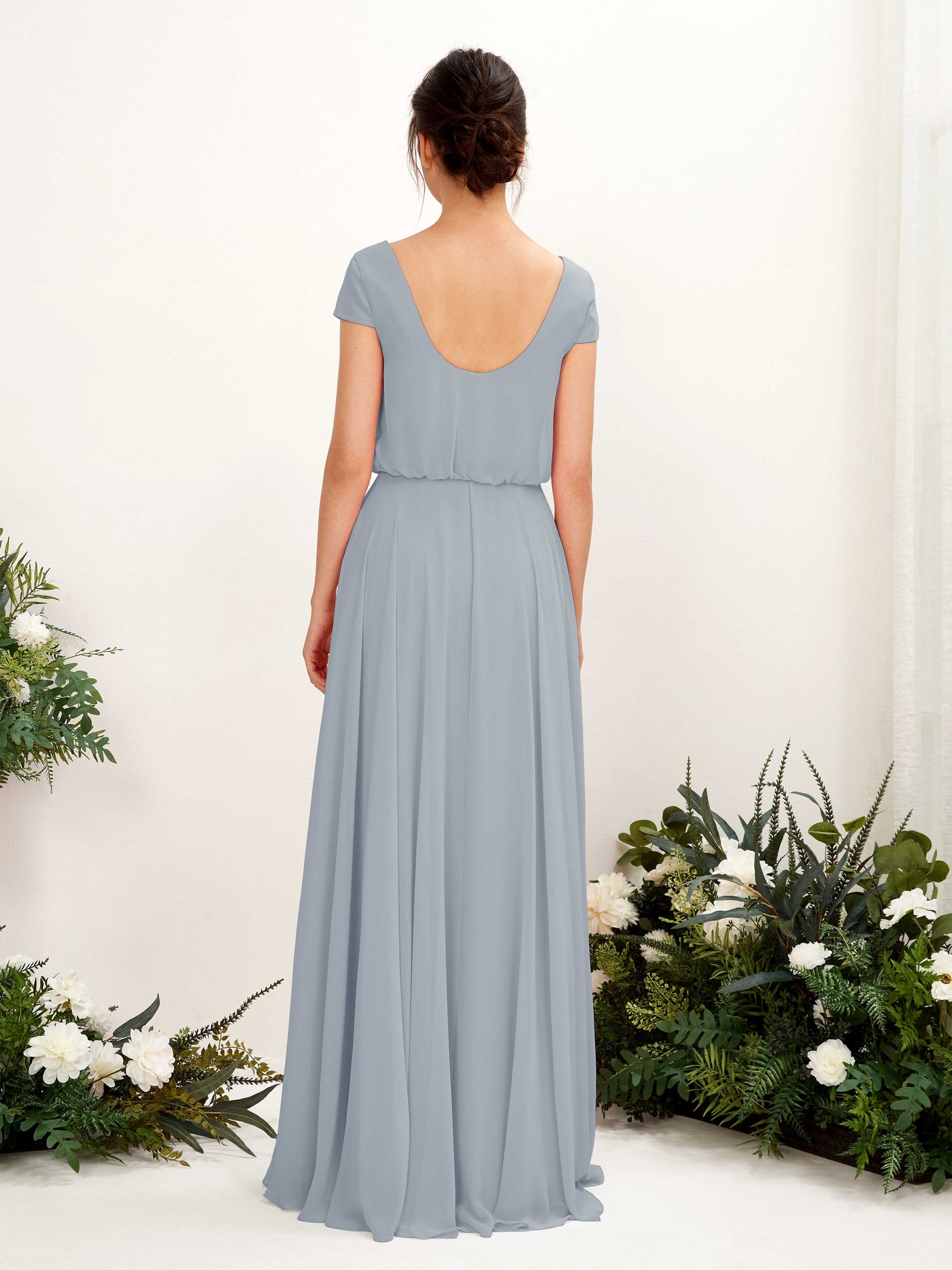 V-neck Cap Sleeves Chiffon Bridesmaid Dress - Dusty Blue-Upgrade (81221804)#color_dusty-blue-upgrade