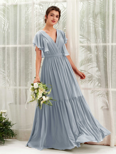 Carlyna Chaya A-Line Dusty Blue-Upgrade Bridesmaid Dress Maxi Cap Sleeve V-Neck Dress Front View #color_dusty-blue-upgrade