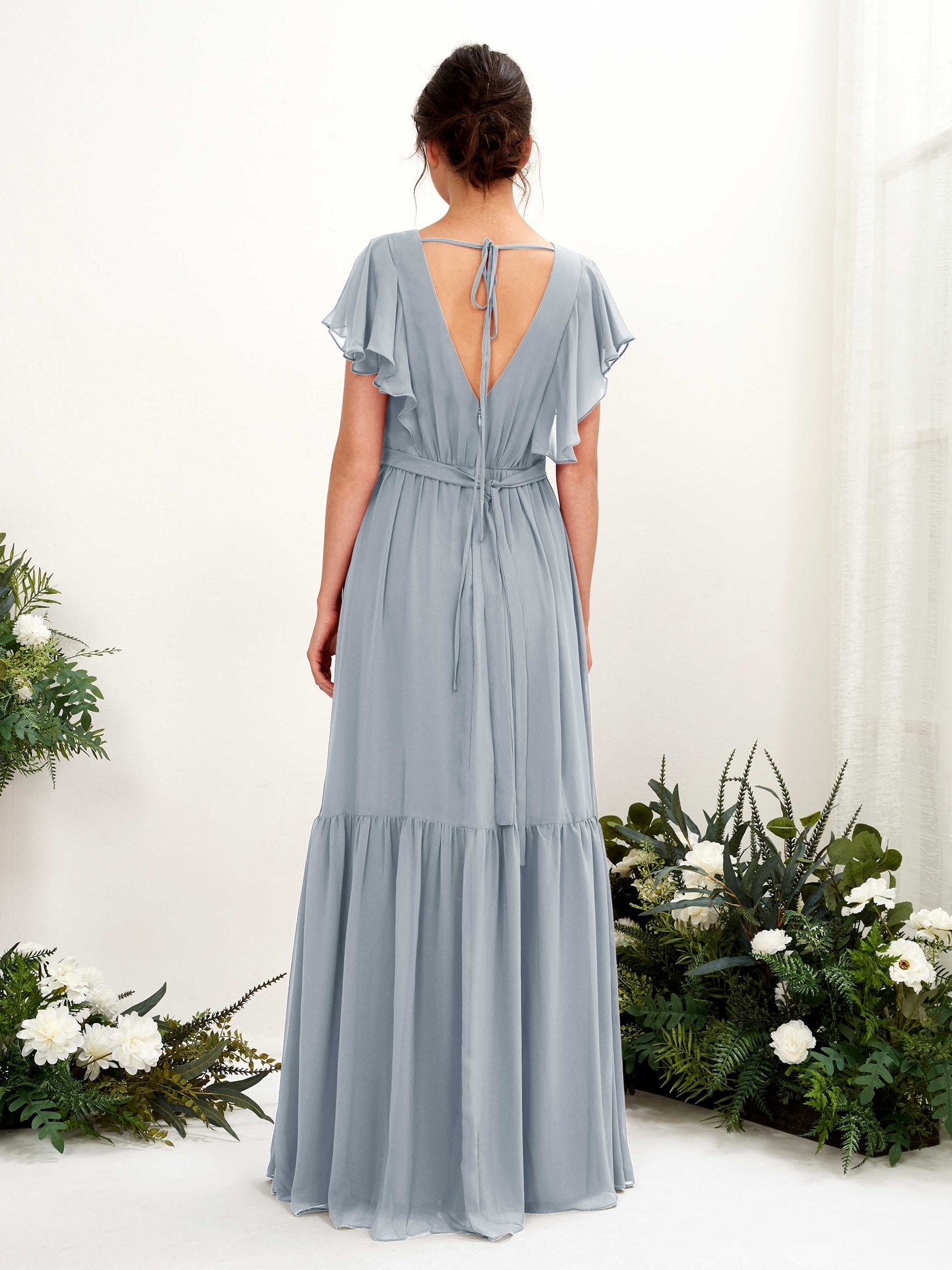 V-neck Cap Sleeves Chiffon Bridesmaid Dress - Dusty Blue-Upgrade (81225904)#color_dusty-blue-upgrade