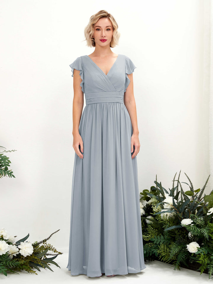 V-neck Short Sleeves Chiffon Bridesmaid Dress - Dusty Blue-Upgrade (81222704)