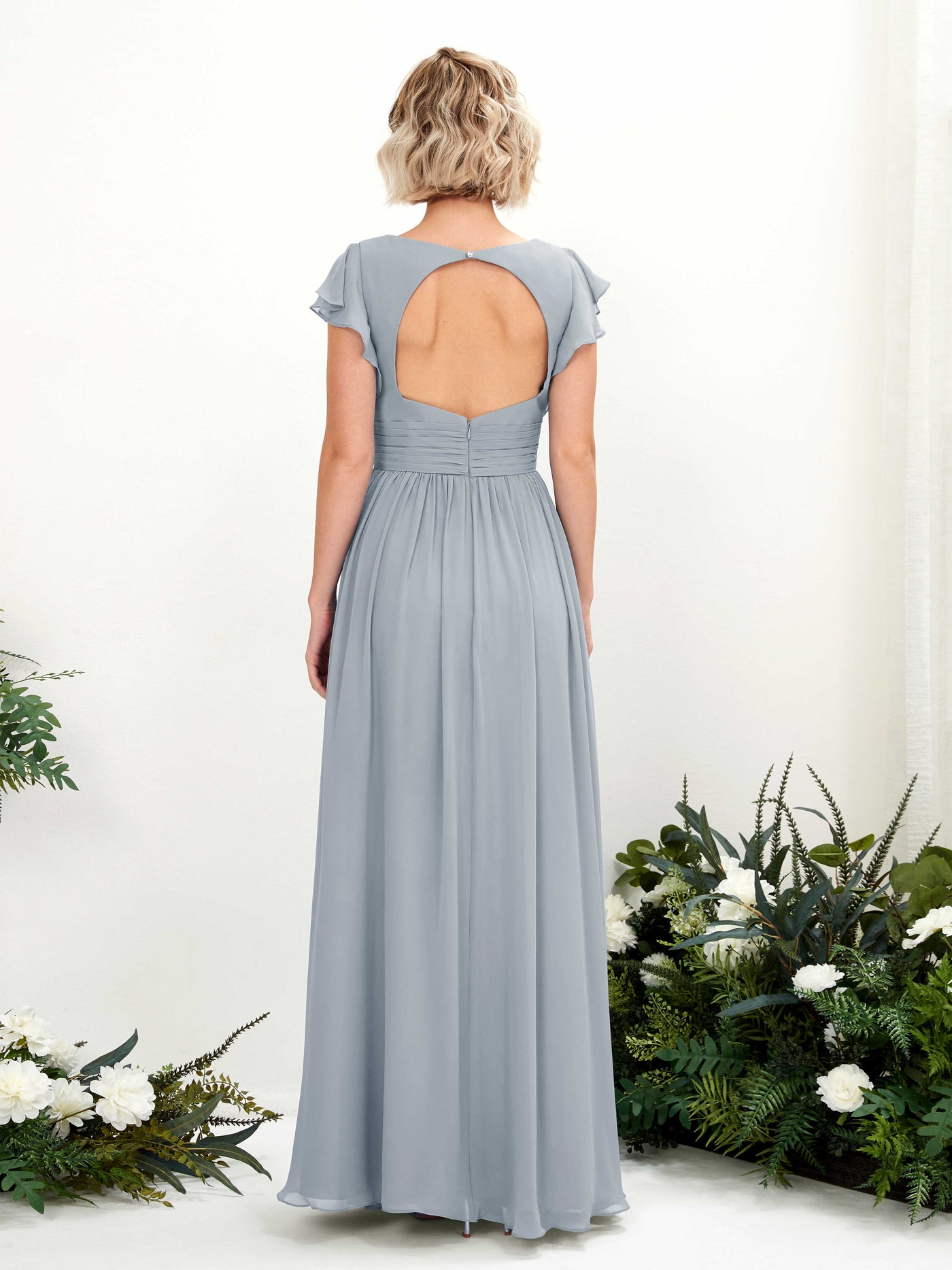 V-neck Short Sleeves Chiffon Bridesmaid Dress - Dusty Blue-Upgrade (81222704)#color_dusty-blue-upgrade