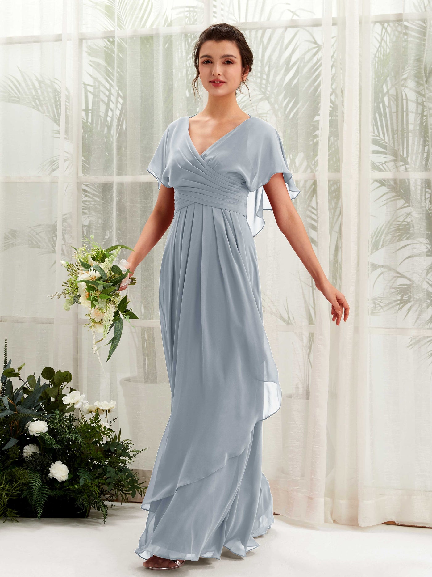 V-neck Short Sleeves Chiffon Bridesmaid Dress - Dusty Blue-Upgrade (81226104)#color_dusty-blue-upgrade